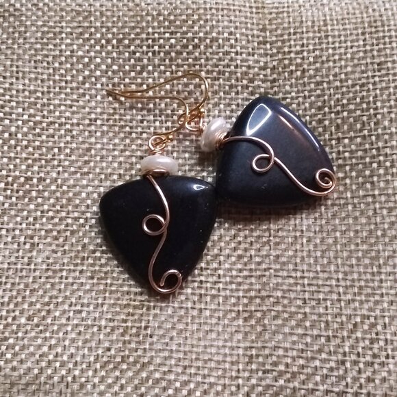 Ostentatious Statement Earrings: Black Jasper & Pearls - Handmade & Unique! - Picture 2 of 10